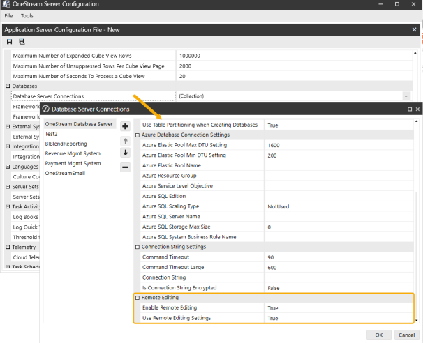Database Server Connections dialog box open with Remote Editing fields highlighted